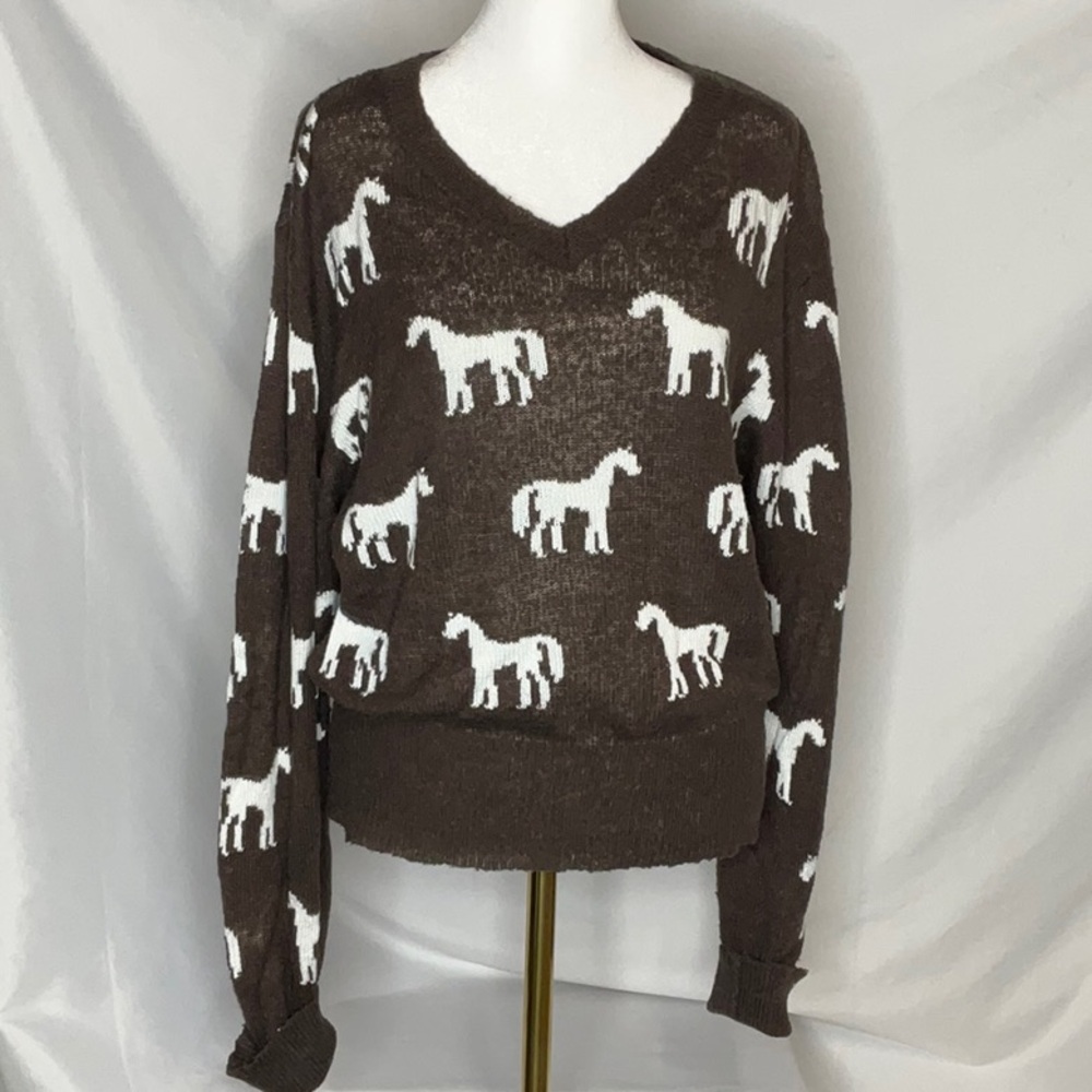 Wildfox White Label Brown White V Neck Sweater Horse Pattern Warm Loose Knit XS
